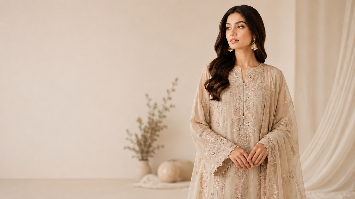 A woman modeling a beige embroidered traditional outfit with long sleeves and a matching draped fabric, standing in a softly lit neutral indoor setting with decorative dried stems and draped curtains in the background.